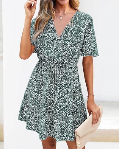 KIRUNDO Womens Summer Dresses 2026 Casual Spring Short Sleeve V Neck Ruffle Floral Print High Waist Belted Flowy Mini Dress(Dark Green, Small) - Thumbnail 4