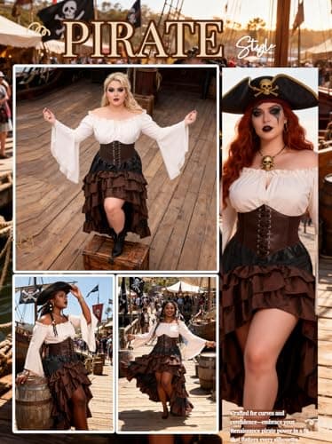 Verceco Pirate Costume Women Outfit with Renaissance Pirate Shirt Skirt Corset Waist Belt Womens Halloween Pirate Costumes (Beige+Brown, M) - Thumbnail 6