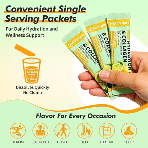 AirVigor Electrolyte Powder Packets, 10G Collagen Hydration Packets, Sugar Free Daily Electrolyte Hydration Recovery Drink Mix with 5 Vitamins & Glutathione, Joint Skin Muscle Support, Keto, Lemon - Thumbnail 6