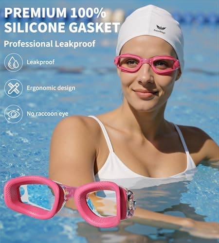 AzureWings Swim Goggles - 2 Pack Swimming Goggles No Leak Anti-Fog & UV for Adult Men Women, Wide Visio HD Mirror PC Lens (Light blue-Pink) - Thumbnail 6