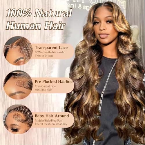 FFEGG 30 Inch Ombre Lace Front Wig Human Hair 13x4 Highlight Body Wave Wig Human Hair 4/27 Colored Honey Blonde HD Lace Frontal Wigs For Women Glueless Pre Plucked with Baby Hair - Thumbnail 3