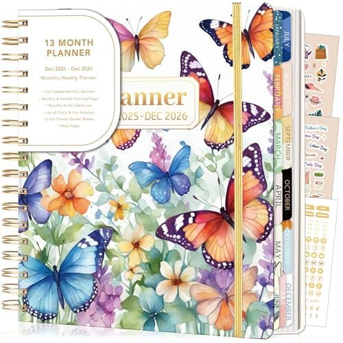 CAGIE 2026 Planner Weekly and Monthly from Dec 2025 to Dec 2026 Hardcover Spiral Bound Calendar Floarl Yearly Agenda Planners for Women with Stickers, 8.3 x 9.1, White Butterfly