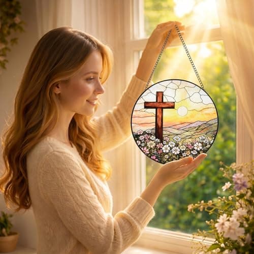 8 Inch Stained Glass Cross Sunset for Windows Hanging, Stained Glass Gift, Christian Gifts, Religious Gifts, Christian Cross, Window Decor, Religious Faith Gift for Easter, Mother's Day, Christmas - Thumbnail 2