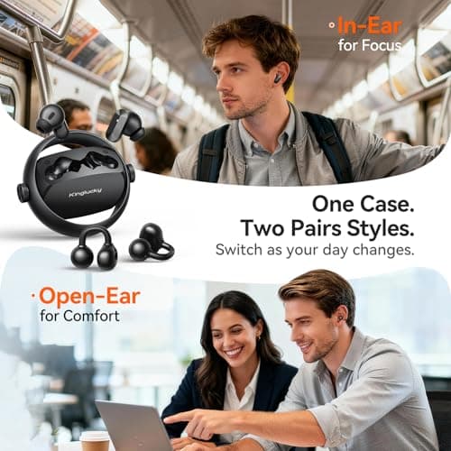 Kinglucky 2-in-1 Wireless Earbuds, in-Ear & Open Ear Clip-On Earbuds Comfortable fit, Bluetooth Headphones 5.4 with Noise Cancelling Mic, Power Swap Charging, Up to 50H, Black - Thumbnail 2