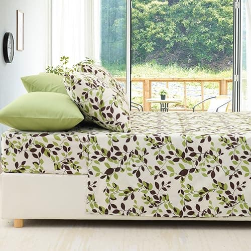 Twin Size Bed Sheets Set Deep Pockets - 6PC Floral Ultra Soft Microfiber Bed Sheets - Easy to Clean, 90 Thread Count Sheets Includes 1 Fitted, 1 Flat, 2 Pillowcases (Beige/Green Leaves) - Thumbnail 4