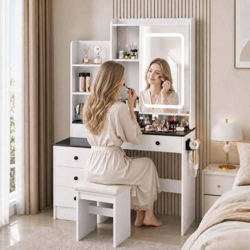 YBXGO Brown Vanity Desk with Mirror and Lights, Makeup Desk with Hair Dryer Rack, Charging Station, Adjustable Shelves, Wood Dressing Table for Bedroom (042 Black no Bench, 43.31 * 15.75 * 58.86in) - Image 1