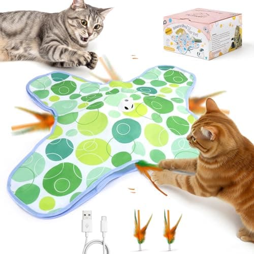 PETSWEET Interactive Cat Toys for Indoor Cats, Hide and Seek Cat Toy, 2 in 1 Automatic Moving Concealed Feathers Cat Toy Mat, Non-Slip Suction, Touch Activated, USB Rechargeable, Green - Image 1