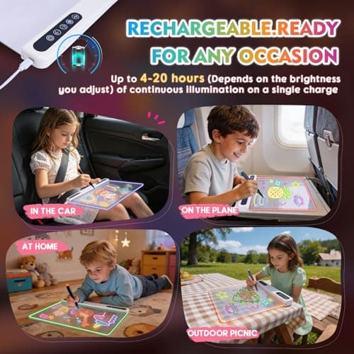 Rechargeable Led Drawing Board, 16" Glow Doodle Light-Up Tablet with 13 Color Effects, Neon Dry Erase Pad with Stand, 7 Markers & Tracing Book, Birthday Holiday Day Gifts Gifts for Kids/Girls/Teens - Thumbnail 6
