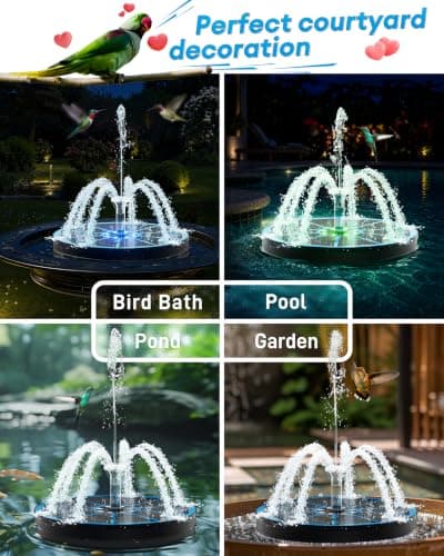 3.5W Solar Fountain,Upgraded 100% Glass Panel Solar Bird Bath Fountain with 2000mAh Battery,7 Color RGB LED Lights & 6 Nozzles,Solar Fountain for Bird Bath,Garden, Pond, Pool, Outdoor Decor(Blue) - Thumbnail 6