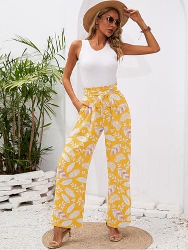 Heymoments Women's Wide Leg Lounge Pants with Pockets Floral Print Medium Lightweight High Waisted Adjustable Tie Knot Loose Comfy Casual Trousers - Thumbnail 4