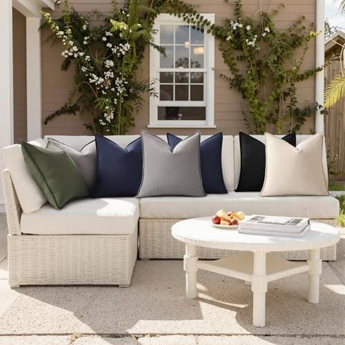 decorUhome Waterproof Faux Linen Outdoor Throw Pillow Covers 18x18 Inch Set of 2 Decorative Natural Farmhouse Pillow Cases with Flange Edges for Summer Couch Garden Patio Balcony Porch, Navy Blue - Thumbnail 4