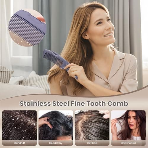 Dandruff Comb 2PC Upgraded Fine Tooth Scalp Detox for Women Men Kids, Stainless Steel Scalp Sweep Massage Lice Removal Hair Care Tool, Purple - Thumbnail 2