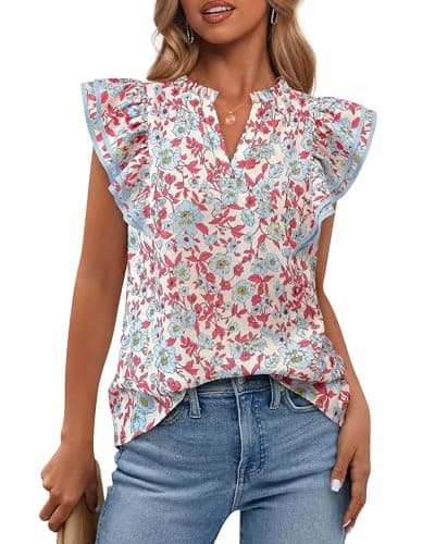 BTFBM Womens Tops Dressy Casual 2026 Spring Summer Shirts Boho Floral V Neck Ruffle Cap Sleeve Business Work Blouses(Floral Beige Multi, Medium) - Image 1