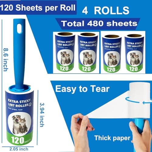 Lint Rollers for Pet Hair Extra Sticky- Lint Brush for Clothes, Furniture, Carpet,Car, Floor,Bed-Pet Hair Roller for Dog Cats Hair Removal- Reusable Handle and Refills (Small(1handle+4 Refills)) - Thumbnail 2