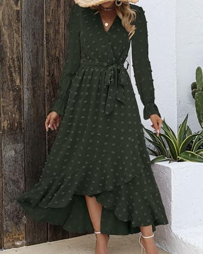 BTFBM Long Sleeve Maxi Dresses for Women V Neck Swiss Dot Boho Flowy Slit Cocktail Wedding Guest Dress Fall Clothes 2025(Army Green, X-Large) - Thumbnail 4
