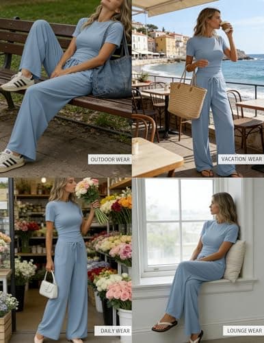 Flevita Women's 2 Piece Sets Summer Airport Outfits T-shirts and 31" Inseam Wide Leg Pants Set Comfortable Travel Lounge Wear Pjs with Pockets Blue XS - Thumbnail 3