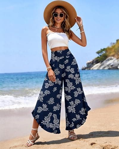 IEEILULU Wide Leg Pants for Women - Beach Pants for Women Flowy Floral Palazzo Pants High Waisted Pants Beach Vacation Outfits Navy Blue Flower S - Thumbnail 2