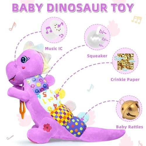 Baby Dino Musical Stuffed Animal Toys for 0-3-6-9-12 Months，Infant Dinosaur Tummy Time Toys with Crinkle Sound Paper,Teether，Textures & Rattles for Newborn Boys Girls Birthday Gifts，Purple - Thumbnail 3