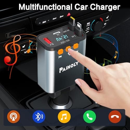 Bluetooth 5.3 Car Adapter, FM Transmitter Bluetooth Car Charger, 4 in 1 Retractable Car Charger, Phone USB C PD Fast Charging Adapter for RV SUV Truck, Fit iPhone 17/16/15/14 Samsung Galaxy S25/S24 - Thumbnail 3