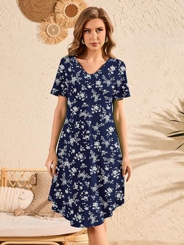 DEARCASE Women's Summer Dresses Floral Short Sleeve Spotted Prosperity Small Wedding Guest V-Neck Knee Length Hawaiian Beach Sundresses Boho Flowy Swing Vacation Party Comfy Mini T-Shirt Dress - Thumbnail 3