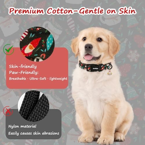 Astdogio Christmas Dog Collar with Santa & Snowman, Adjustable Cotton Collars for Medium Dogs, Medium Dog Collar Black Festive Collar for Dogs, Dog Christmas Collar Perfect for Photos - Thumbnail 4