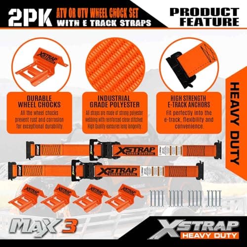XSTRAP STANDARD Wheel Chock E-Track Tie Down Straps Kit, 2 Pack 2’’ x 9FT Over-The-Tire Ratchet Straps with Steel Wheel Chocks, 1466 lbs WLL for ATV, UTV, Lawn Mower, Trailer Hauling, Orange - Thumbnail 5