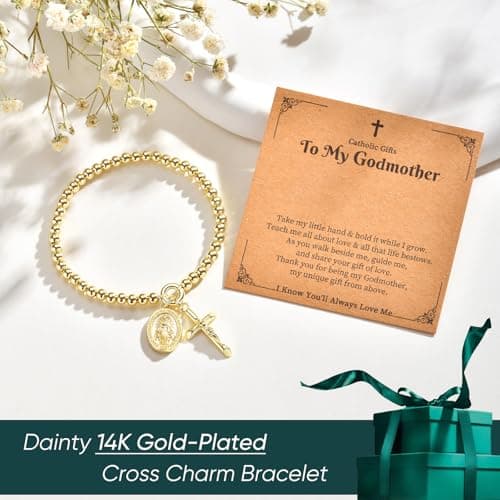 Goxygen Cross Virgin Mary Beaded Bracelet -14K Gold Plated Copper Stretch Bracelet, Dainty Elastic Bead Chain Gift for Her, Religious Jewelry for Baptism Confirmation Catholic（to My Godmother-Gold） - Thumbnail 6