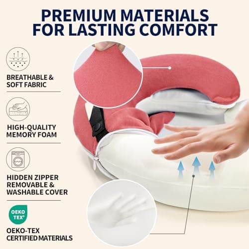 BUYUE Travel Neck Pillows for Airplanes, 360° Head Support Sleep for Long Flight, Skin-Friendly & Breathable, Kit with 3D Contoured Eye Mask, Earplugs and Storage Bag (Adult, Pink, 90+ lbs) - Thumbnail 4