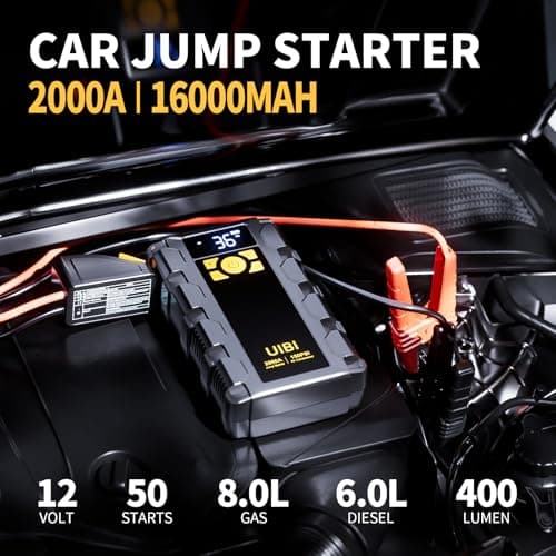 UIBI X5 Car Jump Starter 2000A with Built-in 150PSI Tire Inflator,16000mAh Power Bank & SOS Light for 8.0L Gas/6.0L Diesel Car Truck RV Road Trip Emergency - Thumbnail 2