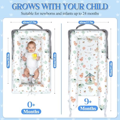 Baby Lounger for Newborn 0-24 Months, Portable Infant Lounger with Soft Breathable Cotton, Adjustable Size Lengthen Space Lightweight & Washable Essentials for Home (3. Carousel) - Thumbnail 2