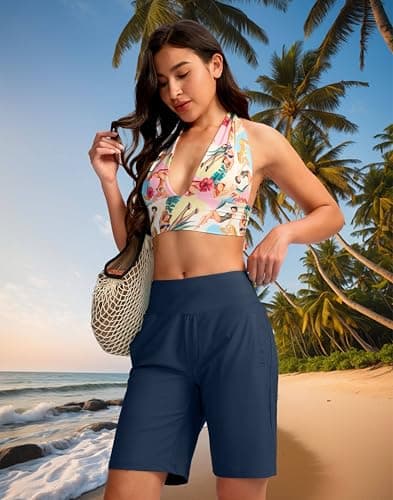 Viodia Women's 9" Long Swim Shorts Modest Swimsuits Bathing Suit Knee Length Bermuda Board Shorts for Women with Pocket - Thumbnail 3