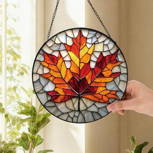Zizzie Stained Glass Maple Leaf Suncatcher - 7.9" Real Glass Fall Autumn Window Hanging, Weatherproof Rustic Thanksgiving Decor, Seasonal Nature Gift for Women Mom - Thumbnail 4