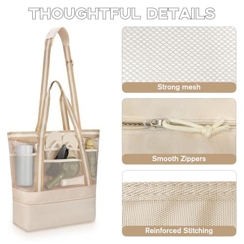 WOOMADA Beach Tote Bag With Cooler, Large Mesh Beach Bags for Women with Wet Pocket, Pool, Swim, Travel Essentials（Beige） - Thumbnail 6