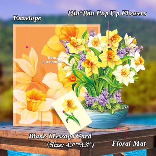 Airpark Mothers Day Gifts Card, 3D Pop Up Paper Flowers Bouquet 12’‘ with Note & Envelope, Birthday, Get Well, Teacher Appreciation Gifts, Thank You Cards for Women Mom Friends, Yellow Daffodils - Thumbnail 5