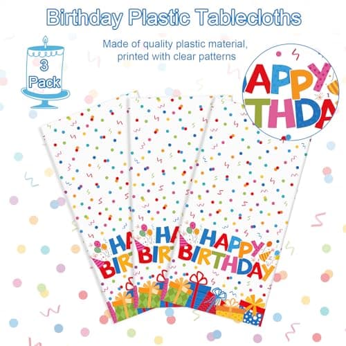 NatNarr 3 Pack Plastic Birthday Tablecloth, 54 x 108 Inch Disposable PE Happy Birthday Tablecloth Waterproof Rectangle Birthdays Party Table Cover for Birthdays Party Decorations - Thumbnail 3