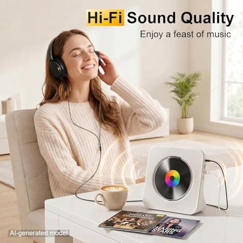 Gueray CD Player Portable Bluetooth Desktop CD Player for Home with Timer Built-in HiFi Speakers with LCD Screen Display Boombox FM Radio USB Type-c (White) - Thumbnail 4