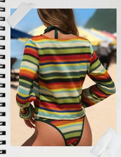 ZAFUL Swimsuit Coverup Shirt for Women Crochet Cardigan Bathing Suit Cover Up Long Sleeve Cover Ups Top Strip Green M - Thumbnail 2