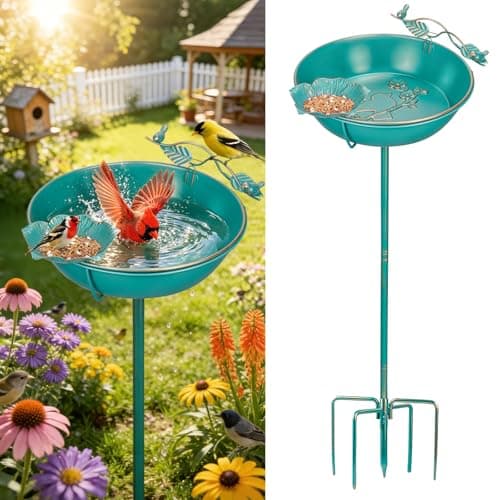 Mellbree Metal Bird Bath for Outside, 13" Dia 39" H Lake Blue with Gold Gilding, Freestanding with Perch & Feeder Bowl, Multi-Functional for Garden Patio Yard Lawn Outdoor Decor - Image 1