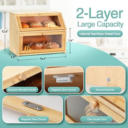 Wcatea Bread Box for Kitchen Countertop, Large Double Layer Bamboo Bread Storage Box with Clear Door, Includes 20 Bread Bags & Labels, Farmhouse Kitchen Storage Organizer (Natural Bamboo) - Thumbnail 5