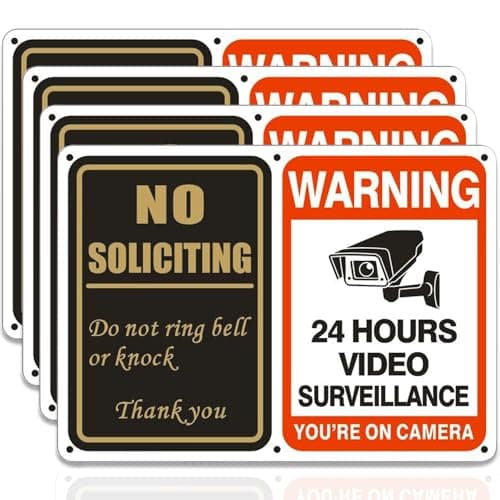 No Soliciting Sign & No Tresspassing Sign 2 in 1 Aluminum UV Ink Printed Yard Sign for House, Yard, Front Door 24 Hours Video Surveillance Private Property Metal Signs 7 x 10 inch(4 PACK) - Image 1