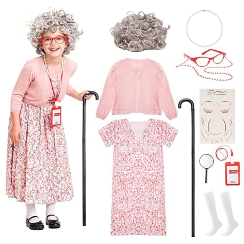 Skirfy Old Lady Costume for Kids, 100 Days of School Granny Outfit Kit with Wig, Dress, Glasses, Cane and Other Dess Up Accessories for Girls for School Celebration or Halloween - Image 1