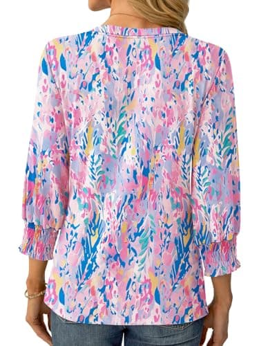 GKBK Womens 3/4 Sleeve Shirts V Neck Dressy Casual Spring Summer Blouses with Smocked Cuffs - Thumbnail 3