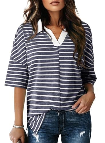 Dokotoo Tops for Women Trendy 2026 Summer Grey Striped Polo Shirt Women Short Sleeve Shirts for Women Dressy Casual Womens Tops Color Block Women's Blouses Oversized Tshirts Women Clothing S - Image 1