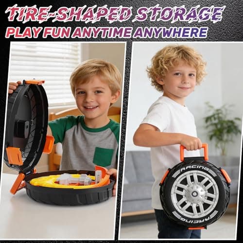 Toy Car Race Track Set for Kids Ages 4-8, Stunt Tire-Shaped Case Transforms into Race Course, 6 Cars in 1:64 Scale, 2 Ways to Play, Action Loop Cyclone Challenge & Speed Snap Track - Thumbnail 5