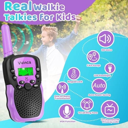 Vvinca Walkie Talkies for Kids, Rechargeable Walkie Talkie 2 Pack Toy Gift for 3-12 Year Old Girl Boy with 22 Channel 2 Way Radio Flashlight 3 Mile Long Range for Adventure Game Camping Outdoor - Thumbnail 4