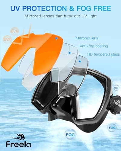 Freela Adult Dry Snorkel Set Scuba Diving Mask with Nose Cover for Men Women Youth, Safety Tempered Glass 180° Wide View, Anti Fog No Leak Mirrored Orange Len Snorkeling Gear for Swimming, Diving - Thumbnail 3