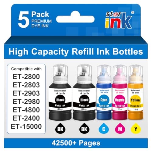 Replacement for Epson 502 Ink Refill Bottles High Capacity, Work with Epson EcoTank ET-2850 ET-3850 ET-4850 ET-15000 ET-3760 ET-2760 Printers, Replacement for Epson 502 Ink (5-Pack,2BK,CMY)