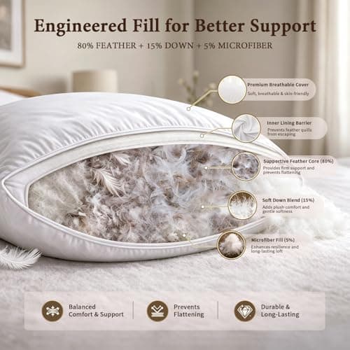 BHZ Goose Down Feather Pillows Queen Size Set of 2, Hotel Collection Bed Pillows for Sleeping Medium Firm Soft Support Pillow for Side and Back Sleepers - Thumbnail 4