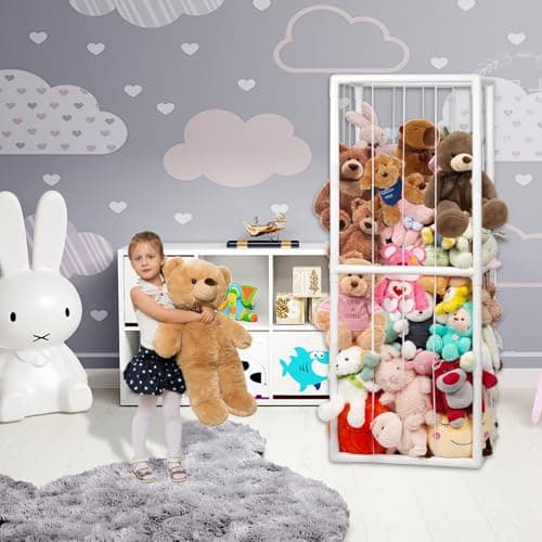 BomSaluka Stuffed Animal Storage, Kids Toy Zoo Storage Organizer with Elastic Band, Thicken PVC Tube Large Stuffed Animals Holder for Nursery Playroom Bedroom Room Furniture Plush Storage(White) - Thumbnail 6