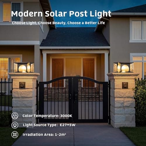 PAKEDANDUN Glass Solar Post Lights, 11.81'' Large Solar Pillar Lights Outdoor Waterproof, 3000K LED Outdoor Column Light with E26 Bulb, Modern Square Column Lamp for Gate Driveway Patio Garden - Thumbnail 6